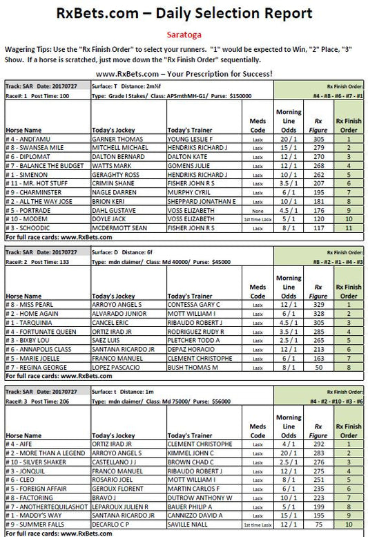 Saratoga Free Picks - 7/27/17